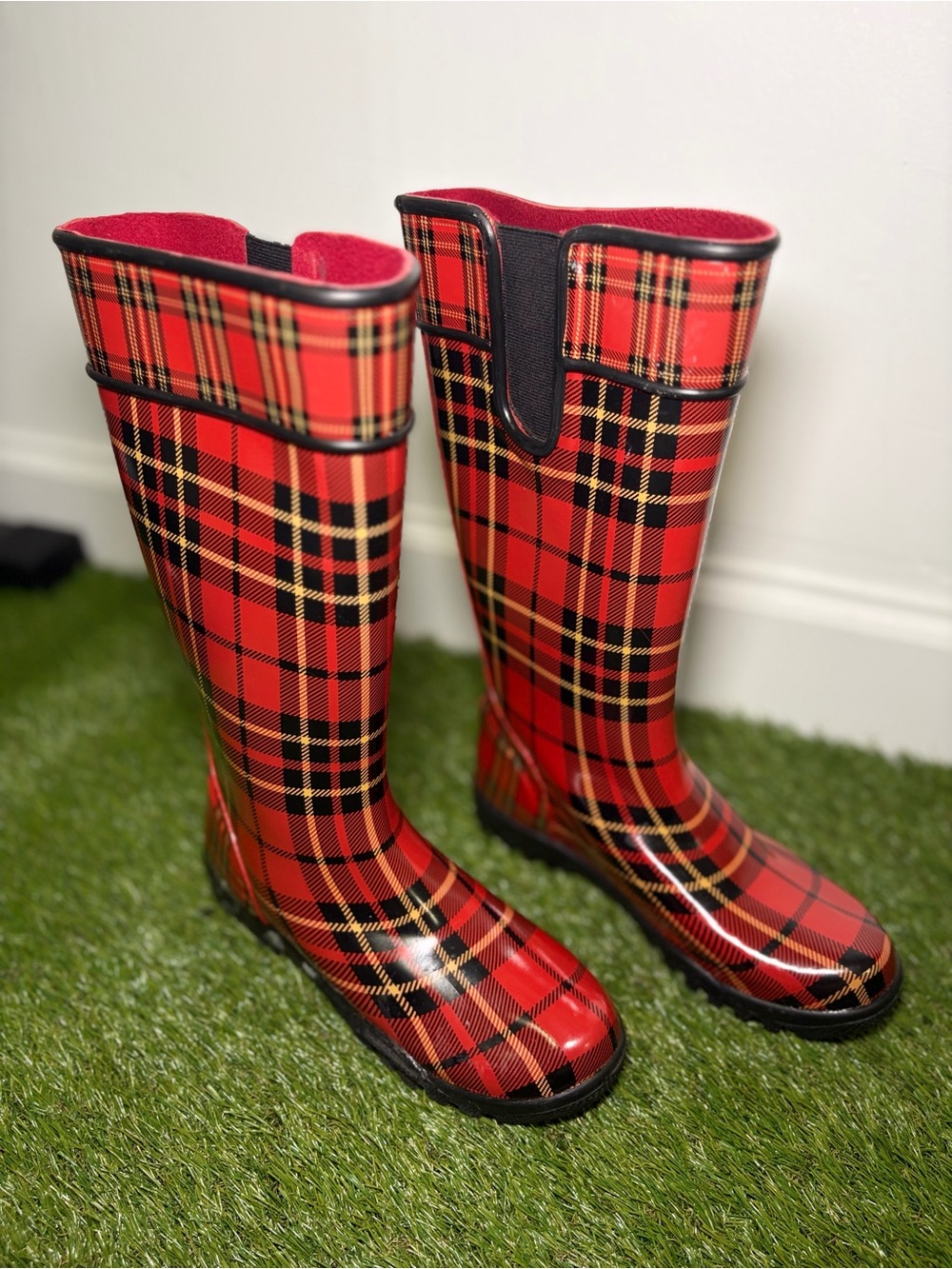 Sperry Red Tartan Plaid Tall Fall Waterproof Rain Boots 6